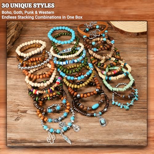 Punk Beaded Bracelets Pack for Men Women, Mens Bracelet Set with Beads, Mens Bead Bracelet Stackable Gothic Boho Adjustable Men Bead Bracelet Pack - color: 30pcs