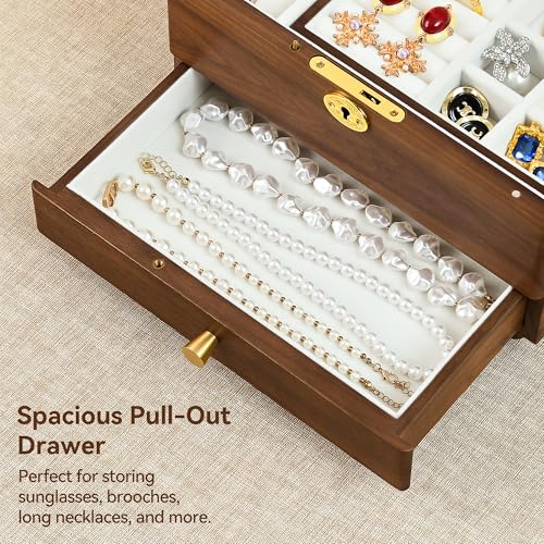 Black Walnut Lockable Jewelry Box with Feet, Wooden Organizer for Women | 3 Layer, Solid Wood, Handcrafted, Drawer, Lock Key, Removable Tray, Necklace Ring Earring Watch Case, Gift for Mom Girls - color: 3 Layer Full Lock with Feet