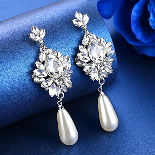 Flower Teardrop Bridal Wedding Dangle CZ Earrings in Silver/Gold Tone for Women Girl Bride Gift … - color: H-Clear
