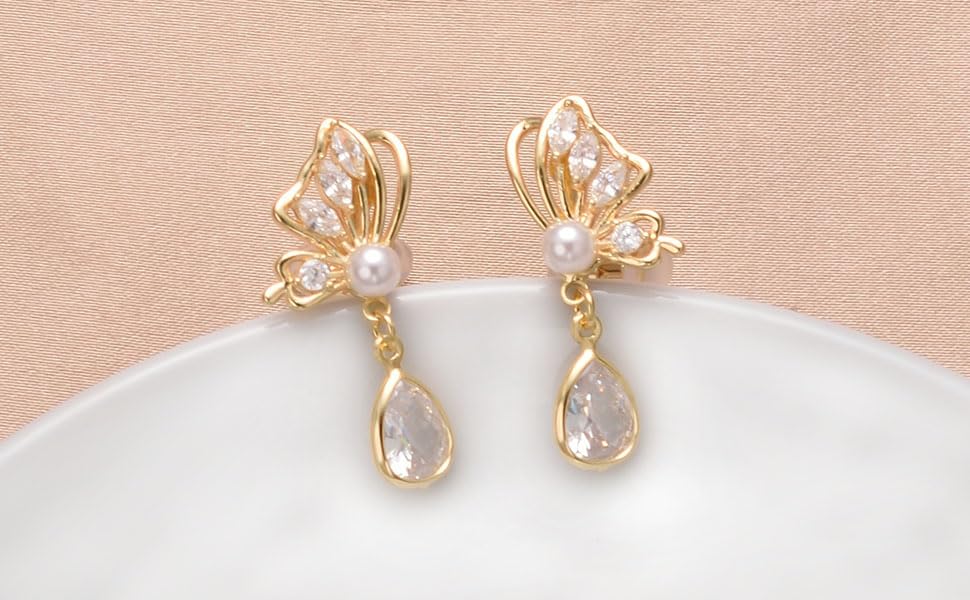 Yoursfs Clip On Pearl Butterfly Earrings for Women Bow Pearl Dangle Earrings Rhinestone Gold Dangle Earrings 18K Gold Plated Jewelry