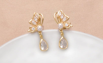 Yoursfs Clip On Pearl Butterfly Earrings for Women Bow Pearl Dangle Earrings Rhinestone Gold Dangle Earrings 18K Gold Plated Jewelry