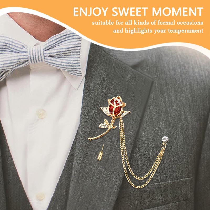 Crystal Rhinestone Flower Brooch Pin Rose Lapel Pins for Men Hanging Chain Brooch Suit Pin Mens Flower Lapel Pins for Suits - color: Red