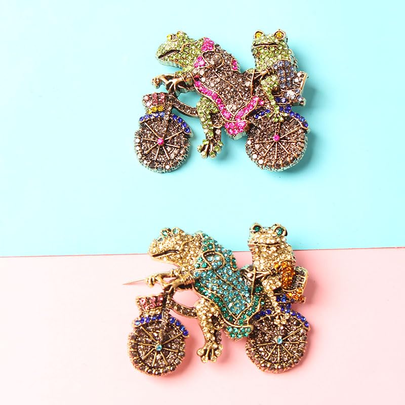 2Pcs Two Frogs Riding Bike Brooch Vintage-Inspired Sparkling Rhinestone Animal Brooch Pin Fashion Accessory