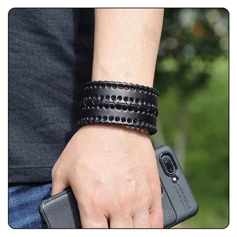 Punk Rock Wide Cuff Wristband Braided Leather Bracelet - color: Black