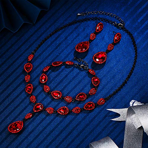 EleQueen Women's Wedding Bridal Jewelry Sets for Brides Bridesmaids, Cubic Zirconia Teardrop Necklace Tennis Bracelet Dangle Earrings Jewellery Set - color: 01-Ruby Color Black-Tone