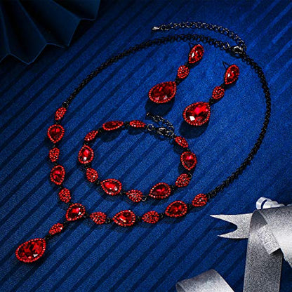EleQueen Women's Wedding Bridal Jewelry Sets for Brides Bridesmaids, Cubic Zirconia Teardrop Necklace Tennis Bracelet Dangle Earrings Jewellery Set - color: 01-Ruby Color Black-Tone