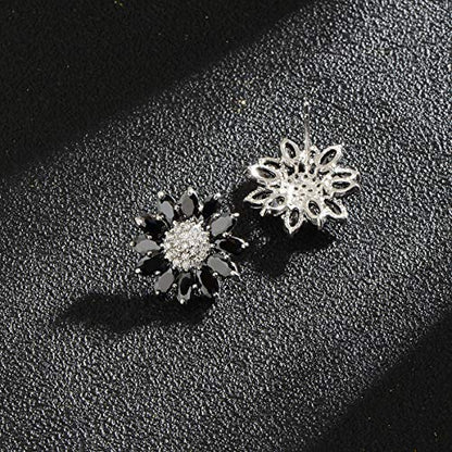 Crystal Flower Burst Stud Earirings - Big Sterling Silver CZ Cubic Zirconia Rhinestone Daisy Sunflower Floral Cluster Studs Bridal Wedding Party Prom Costume Jewelry for Bride Bridesmaids Women Birthstone Birthday Gift - color: Black