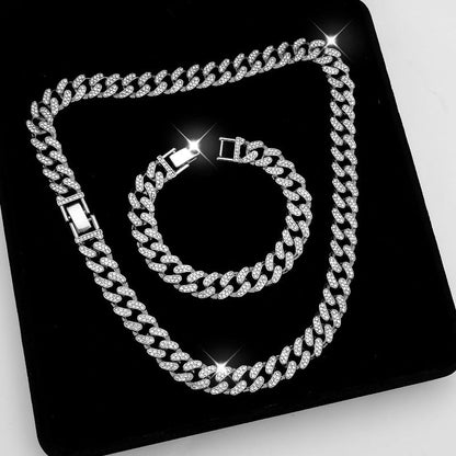 8 PcsCuban Link Chain jewelry sets for Woman with Rhinestone Necklace Bracelet Earrings Bling Diamond chunky Chain Jewelry - color: Silver B, size: 18inch