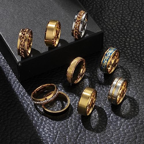 EIELO 9Pcs Stainless Steel Band Rings for Men Women Cool Fidget Spinning Chain Ring Anxiety Relief Fashion Simple Wedding Engagement Black Ring Set - color: Golden