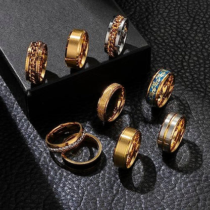 EIELO 9Pcs Stainless Steel Band Rings for Men Women Cool Fidget Spinning Chain Ring Anxiety Relief Fashion Simple Wedding Engagement Black Ring Set - color: Golden