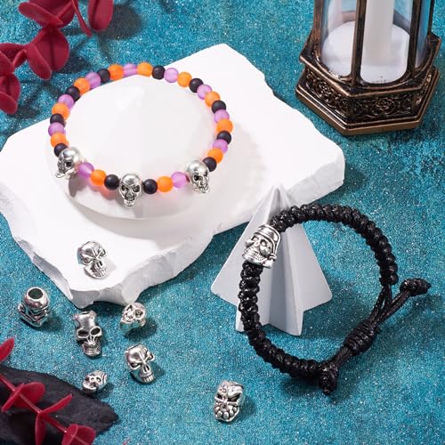 Elecrelive 28Pcs Antique Silver Skull Beads Halloween Skeleton Head Beads 7 Styles Gothic Charms for Necklace Bracelets Earrings Jewelry Making - color: Tibetan Silver