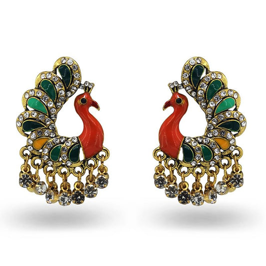 Antique Peacock Indian Traditional Jhumka Jhumki Stud Statement Earrings for Women Boho Enamel Feather Bird Beaded CZ Crystal Gypsy Tribal Ethnic Dangle Drop Earring Vintage Jewelry Wedding Party - color: Gold