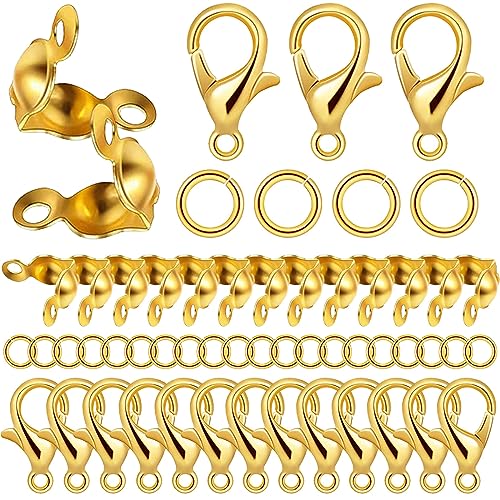 1000PCS Jewelry Making Accessories Set, 100 Lobster Claw Clasps 300 Crimp Beads Crimp Beads Clasps Caps 600 Open Jump Ring Connectors for DIY Bracelet Necklace Crafts Jewelry Making(Gold) - color: Gold