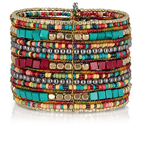 SPUNKYsoul Boho Cuff Bracelets, Women Adjustable Stackable Beaded Accessory | Adjustable Bohemian-Inspired Design, Trendy Wrist Ornament, Versatile For Occasions Or Everyday Wear, Unique Style Jewelry - style: "Zura" Teal Red Gold