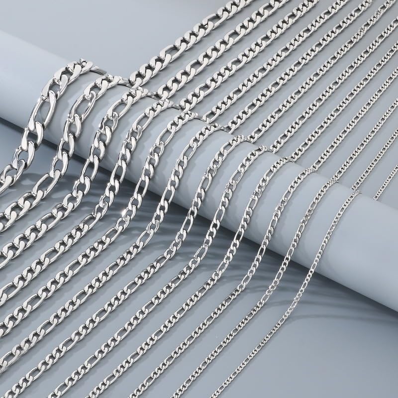 Kemstone Stainless Steel Figaro Cuban Bracelet Necklace Set for Men Women Jewelry - color: Silver 02