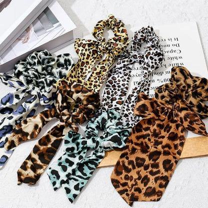 6-Piece Fashion Leopard Printed Bow Scarf Fabric Scrunchies for Women & Girls, Cute Elastic No Damage Satin Ponytail Holders Hair Ties, Hair Accessories (Leopard)