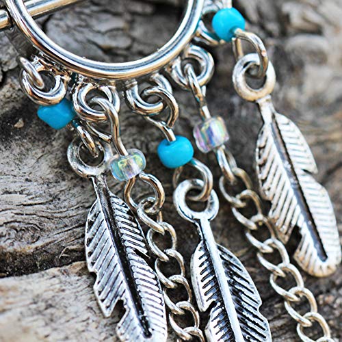 316L Surgical Steel Turquoise Beads Feather Dangle Nipple Shield