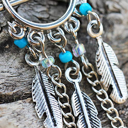 316L Surgical Steel Turquoise Beads Feather Dangle Nipple Shield