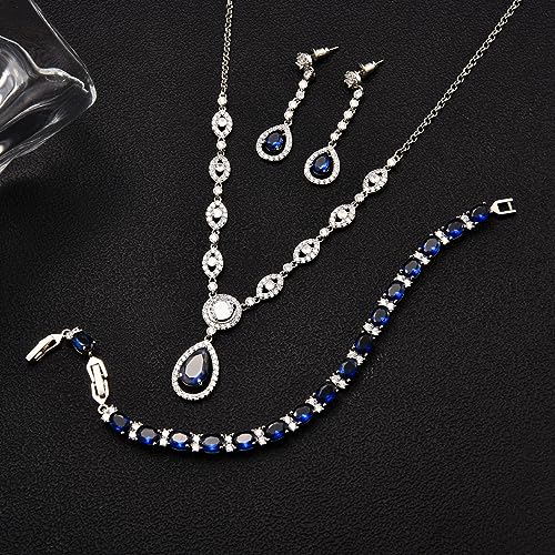 GULICX AAA Cubic Zirconia CZ Silver Plated Base Women's Party Jewelry Set Earrings Pendant Necklace - color: Blue Set