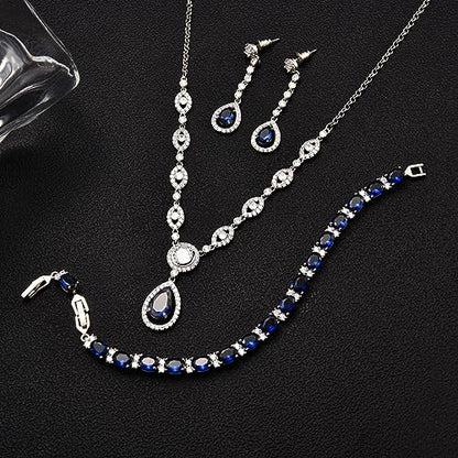 GULICX AAA Cubic Zirconia CZ Silver Plated Base Women's Party Jewelry Set Earrings Pendant Necklace - color: Blue Set