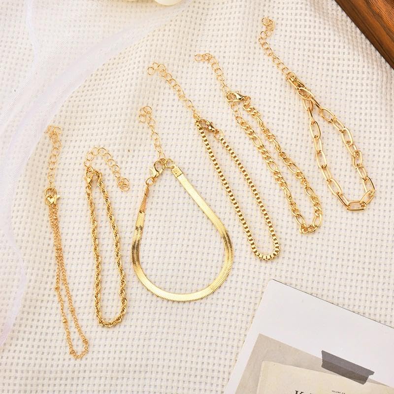Gold Bracelets for Women Stackable Herringbone Chain Paperclip Link Satellite Tennis Chain Bracelet Adjustable Twisted Rope Link Layer Bracelets Set for Women Fashion Gold Jewelry Gifts