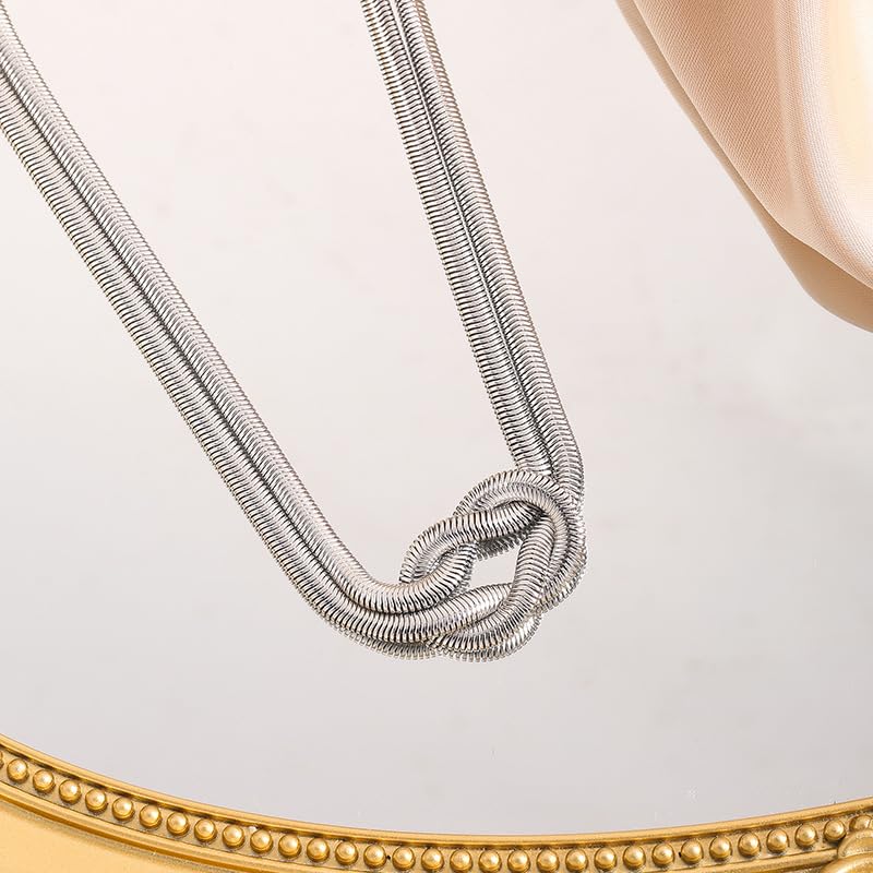 Chunky Knot Choker Necklace for Women Double Snake Chain Statement Collar Gold & Silver Tone Adjustable Party Daily Wear Jewelry Gifts - color: Silver