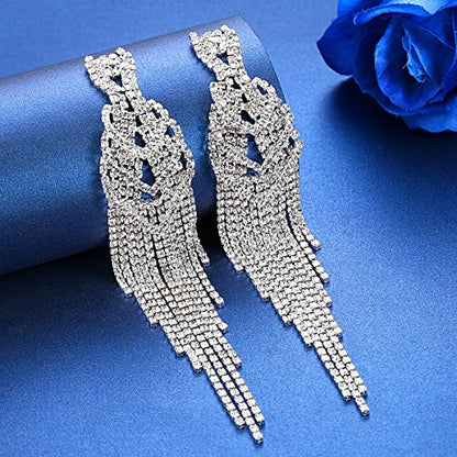 Silver Rhinestone Crystal Bridal Chandelier Long Tassels Dangle Earrings for Wedding - color: B-2
