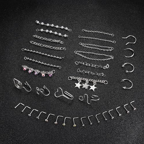 Stainless Steel Nose Rings Chain Horseshoe Nose Ring Body Piercing Jewelry | African Star Heart Studs Horseshoe Nose Cuff Septum Chain Body Piercing Jewelry Set for Women Men, Silver - color: Silver