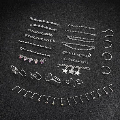 Stainless Steel Nose Rings Chain Horseshoe Nose Ring Body Piercing Jewelry | African Star Heart Studs Horseshoe Nose Cuff Septum Chain Body Piercing Jewelry Set for Women Men, Silver - color: Silver