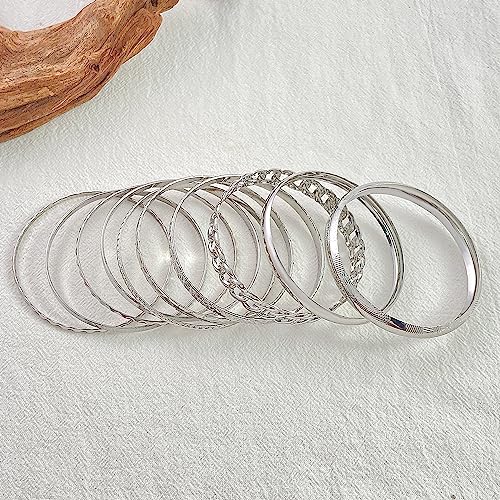 Gold Bangle Bracelets for Women, 14k Gold Plated Multi Layer Textured Stackable Open Bracelet Set Boho Indian Bangles Stackable Set Trendy Elegance Charms Non Tarnish Minimalist Bangle Pack - style: Silver 10Pcs