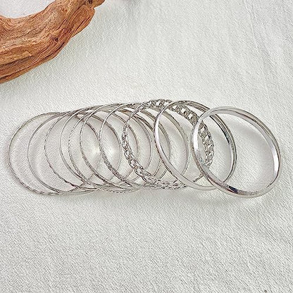 Gold Bangle Bracelets for Women, 14k Gold Plated Multi Layer Textured Stackable Open Bracelet Set Boho Indian Bangles Stackable Set Trendy Elegance Charms Non Tarnish Minimalist Bangle Pack - style: Silver 10Pcs