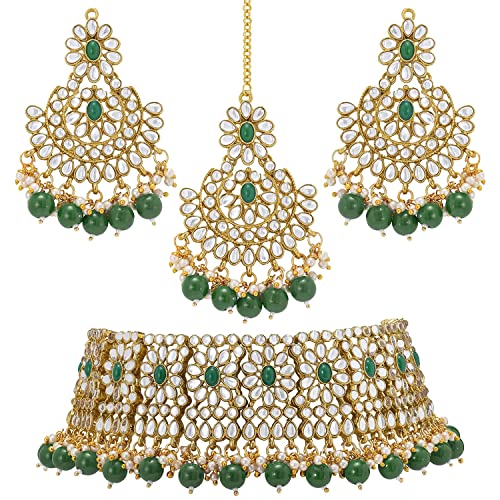 Aheli Faux Pearl Choker Necklace with Earrings Indian Traditional Bollywood Jewelry Set Gift for Women - color: Green