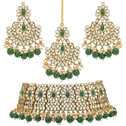 Aheli Faux Pearl Choker Necklace with Earrings Indian Traditional Bollywood Jewelry Set Gift for Women - color: Green