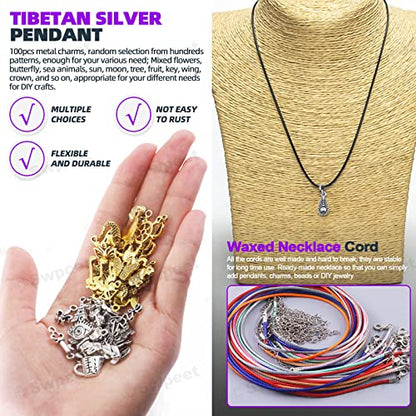 Swpeet 1414Pcs 4mm 5mm 6mm 8mm 10mm Open Jump Rings and Lobster Clasps with Jewelry Repair Tools Assortment Kit, Including Waxed Necklace Cords, 12mm Lobster Clasps, Tibetan Silver Pendant