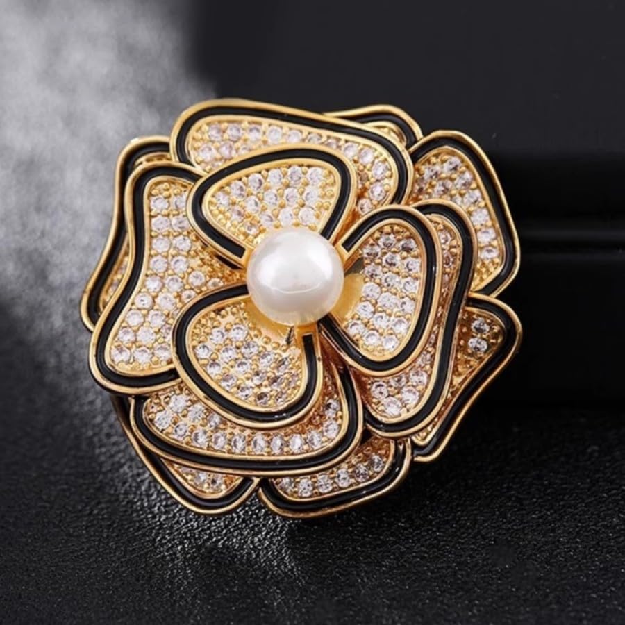 Elegant Floral Brooch Pins for Women, Crystal Pearl Rhinestone CZ Flower Lapel Pin Wedding Party Exquisite Brooches and Pins for Women Ladies - color: Gold+Black
