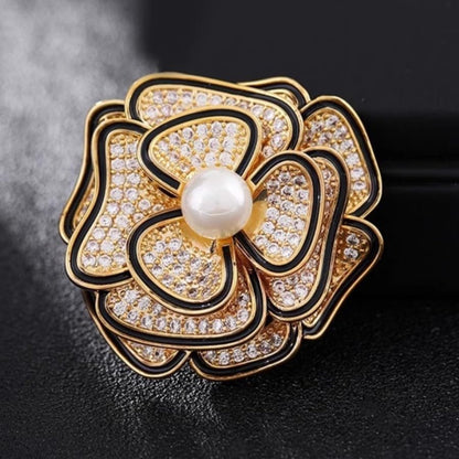 Elegant Floral Brooch Pins for Women, Crystal Pearl Rhinestone CZ Flower Lapel Pin Wedding Party Exquisite Brooches and Pins for Women Ladies - color: Gold+Black