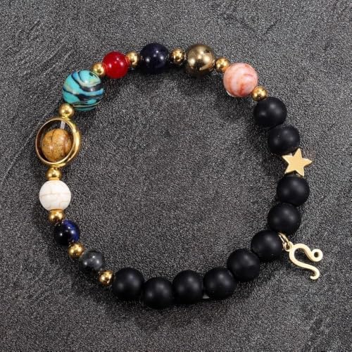 Solar System Planet Bead Zodiac Sign Stretch Bracelet for Men Women | Matte black beads with solar system planet stones, unisex design, perfect birthday holiday gift for men women - color: Leo