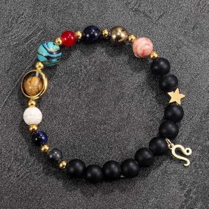 Solar System Planet Bead Zodiac Sign Stretch Bracelet for Men Women | Matte black beads with solar system planet stones, unisex design, perfect birthday holiday gift for men women - color: Leo