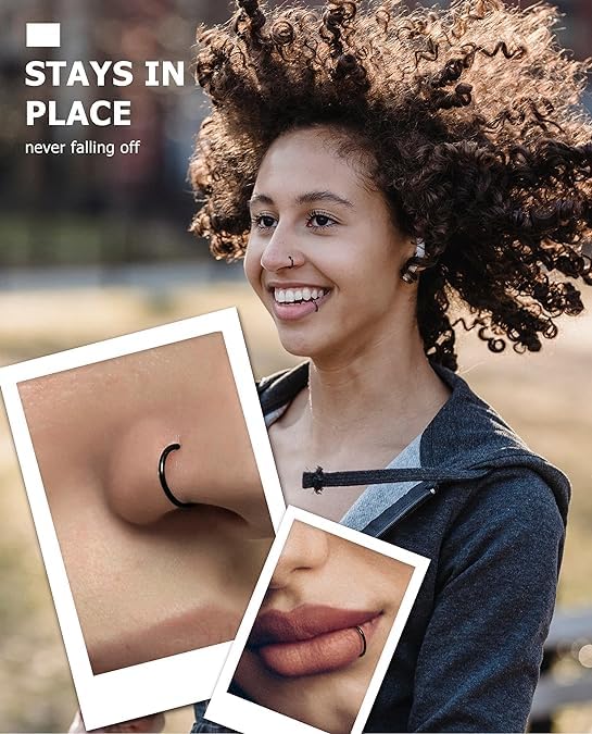 4/5/8 pcs 16G/18G/20G 316L Surgical Steel Hinged Nose Rings Hoops Lip Septum Rings Helix Conch Rook Cartilage Tragus Earrings Piercing Jewelry Black Silver Gold Plated Nose Rings Women Men - color: Black - 18G (7mm-10mm) - 4PCs