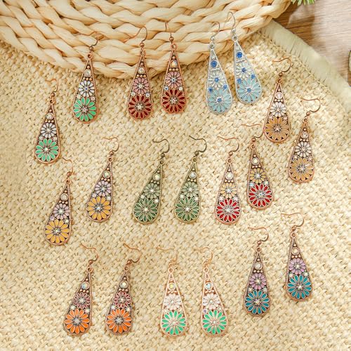 Bohemian Crystal Teardrop Dangle Earrings, Copper, Tribal Geometric Design, Handmade National Style for Women - color: Mustard Yellow