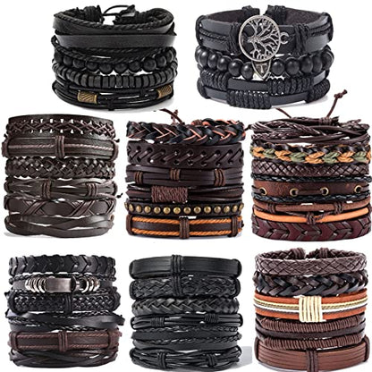 SONNYX 44 Pcs Braided Leather Bracelets for Men Women | Woven Cuff Wrap Bracelets Hemp Cords Wood Beads Ethnic Tribal Bracelets Adjustable Leather Wristbands