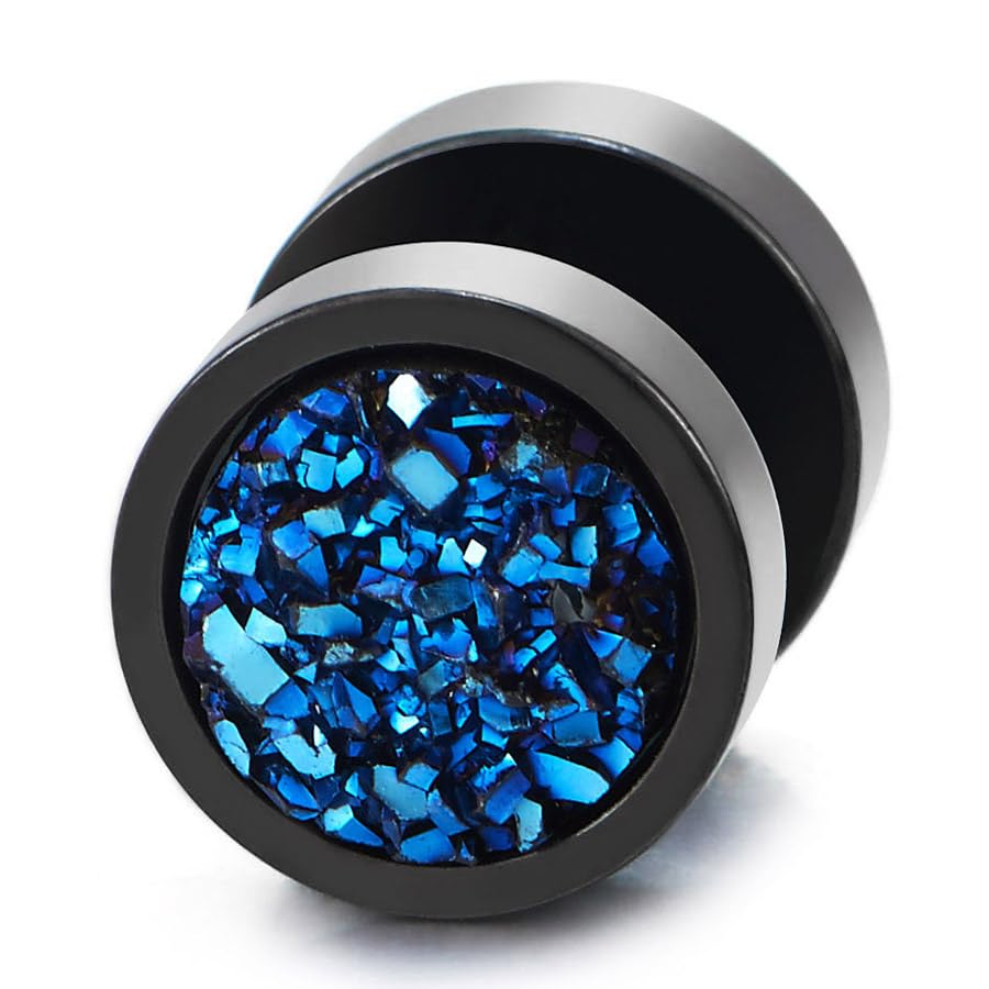 10mm Women Mens Black Circle Stud Earrings Black Glitter, Steel Cheater Fake Ear Plugs Gauges Tunnel - color: Color: Black & Blue
