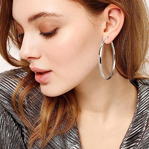 EXGOX 5mm Wide Gold Hoop Earrings for Women,Sterling Silver Hoop Earrings Large Silver Hoop Earrings Hypoallergenic Lightweight 14K Real Gold Plated Big Hoop Earrings for Women 30/40/50/60/70mm - color: Silver Color/50MM