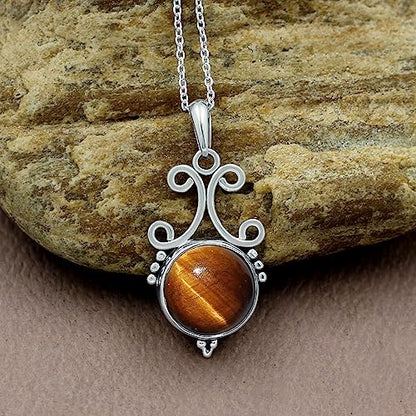 Natural Round Gemstone Pendant Necklace for Women, 925 Sterling Silver | Solitaire Birthstone Jewelry With 18 Inch Chain, Handmade Semi Precious Stone Pendant, Jewelry Gift for Mom, Wife & Sister - color: Tiger Eye