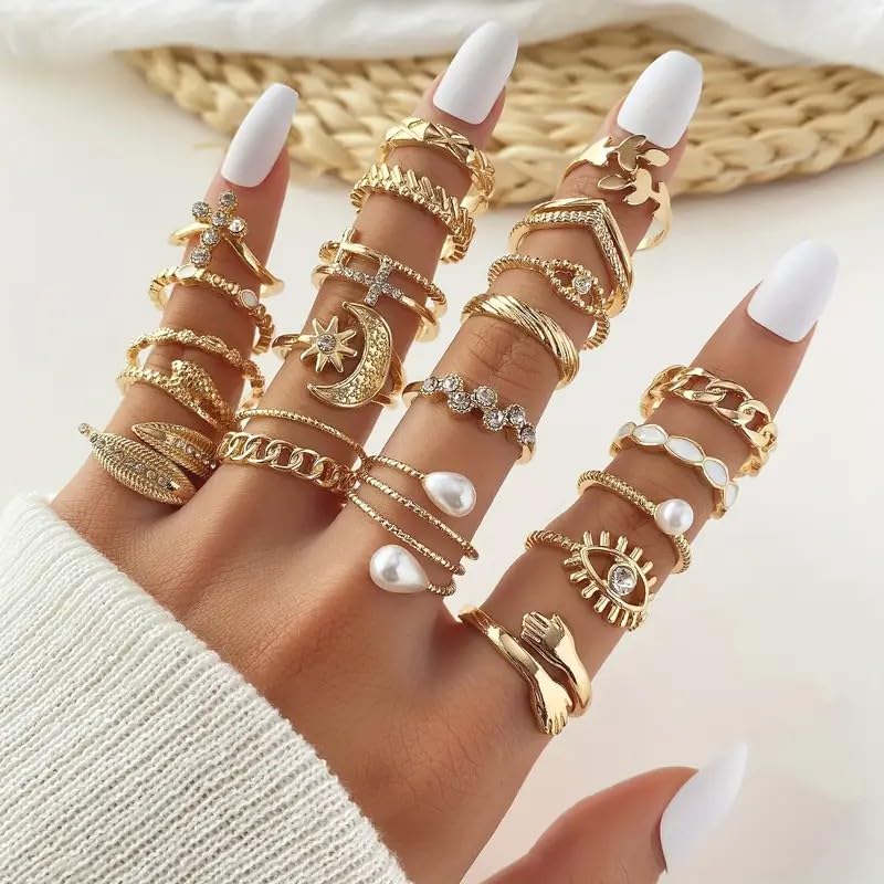 Golden Knuckle Rings Set for Women, 14k Golden Plated Open Stacking Knuckle Midi Rings Dainty Cubic Zirconia Crystal Simple Hollow Cute Rings Pack Jewelry Gifte - color: Golden 26PCS