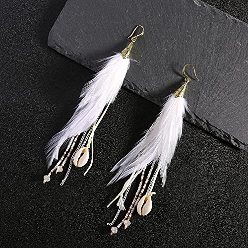 Bohemian Feather Dangle Earrings for Women with Shell Beads Long Tassel Design Drop Earrings - style: Style-Pure White