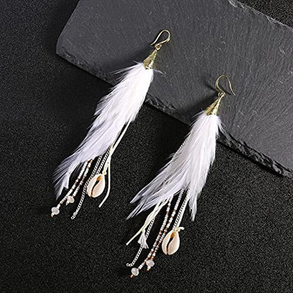 Bohemian Feather Dangle Earrings for Women with Shell Beads Long Tassel Design Drop Earrings - style: Style-Pure White