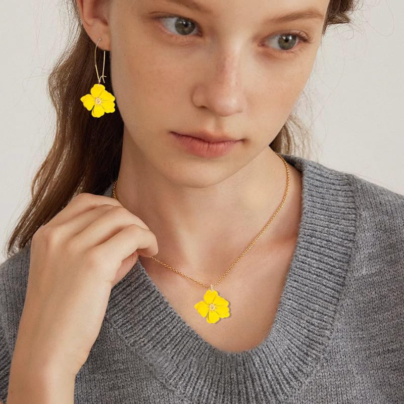 WCRAZYE Bohemian Daisy Flower Earrings Necklace Sets for Women Unique Trendy Boho Matte 3D Gold Flower Floral Petal Statement Earring Wedding Jewelry - color: Yellow