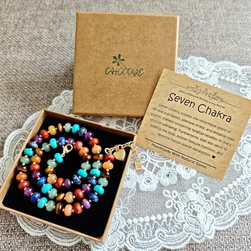 Boho Gemstone Beaded Necklace for Women – Colorful Natural Stone Choker 18K Solid Heart-Shaped Pendant, Summer Beach Jewelry - color: Seven Chakra Stones