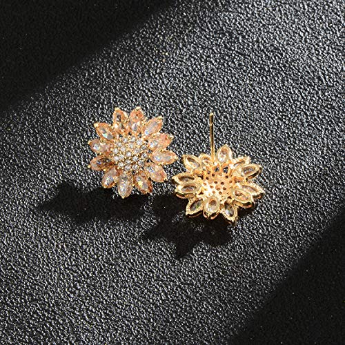 Crystal Flower Burst Stud Earirings - Big Sterling Silver CZ Cubic Zirconia Rhinestone Daisy Sunflower Floral Cluster Studs Bridal Wedding Party Prom Costume Jewelry for Bride Bridesmaids Women Birthstone Birthday Gift - color: Champagne